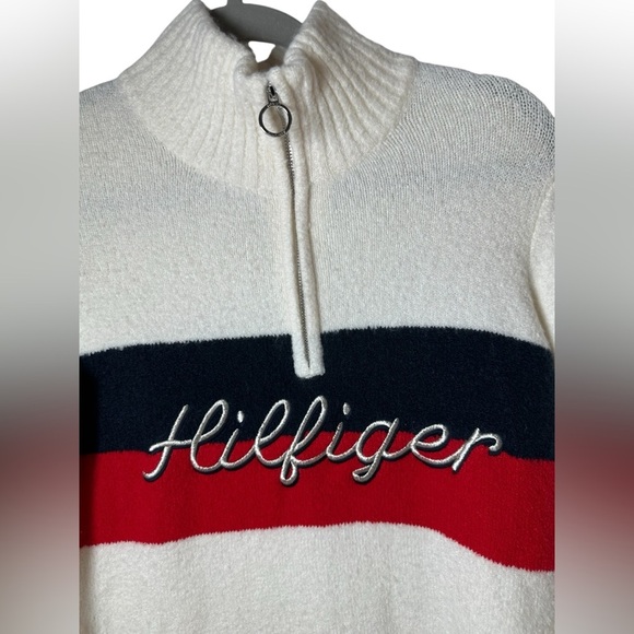 Tommy Hilfiger Flag Quarter Zip Sweater Small White Red Navy Logo Knit Pullover - Picture 3 of 10
